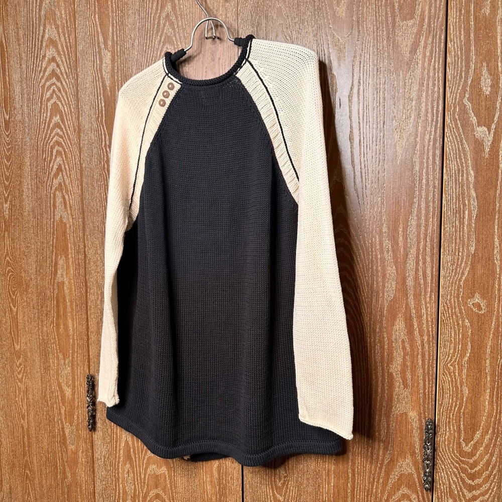 Pure Handknit Black Cream Cotton Colorblock Button Sweater L/XL NWT 4506-07 - Picture 9 of 9